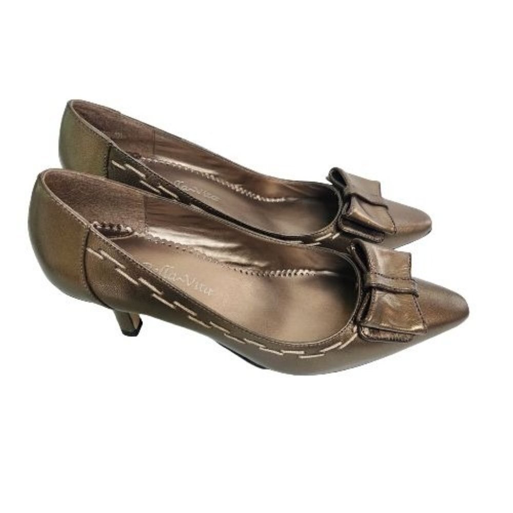 Bella Vita Presto Bronze Kidskin Leather Bow Front Kitten Heels Size 8M